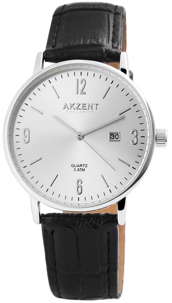Akzent-Heren horloge-Analoog-Datumaanduiding-Rond-40MM-Zilverkleurig-Zwart lederen band.