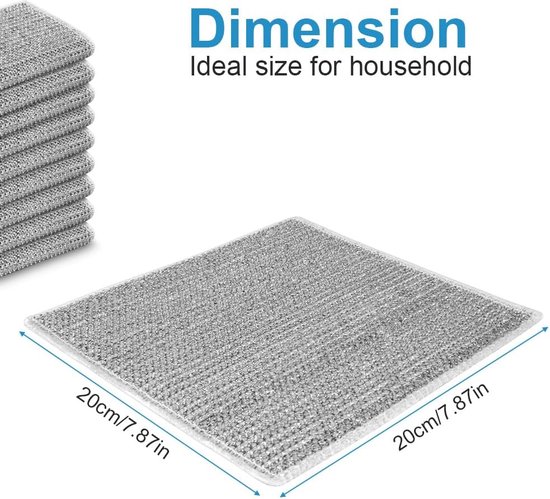 Lot De 10 Torchons Grille Métallique - Nettoyage Humide/Sec - Réutilisables - 20x20 Cm - Gris