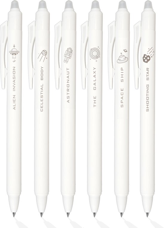 Ainy - Space Uitwisbare Pen - set van 6 witte uitgumbare pennen met zwarte inkt voor in je balpen etui of pennenzak - kawaii balpennen middelbare schoolspullen - geschikt voor zowel volwassen als kinderen (niet geschikt voor legami vulling)