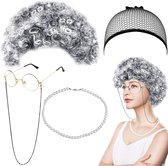 Oude Dame Cosplay Set Old Lady kostuum set pruik cap oma parelketting oude dames armband parelketting bril kettingen voor Halloween carnaval meisjes carnaval decoratie