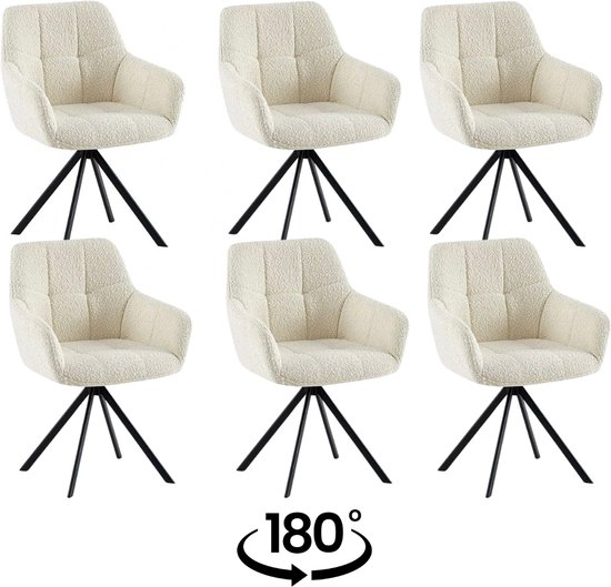 Colenis® - Chaise de salle à manger Rain - Set de 6 - Wit - Bouclé - Assise rembourrée - Pieds métal - 180° - Chaise pivotante