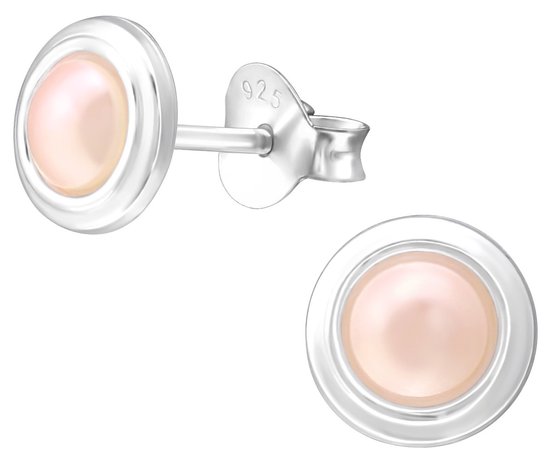 Joy|S - Zilveren ronde oorbellen - 7 mm - roze - Swarovski parel rosaline - oorknoppen