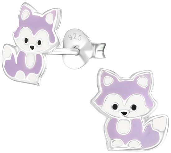 Joy|S - Zilveren vosje oorbellen - 8 x 9 mm - paars wit - oorknoppen voor kinderen