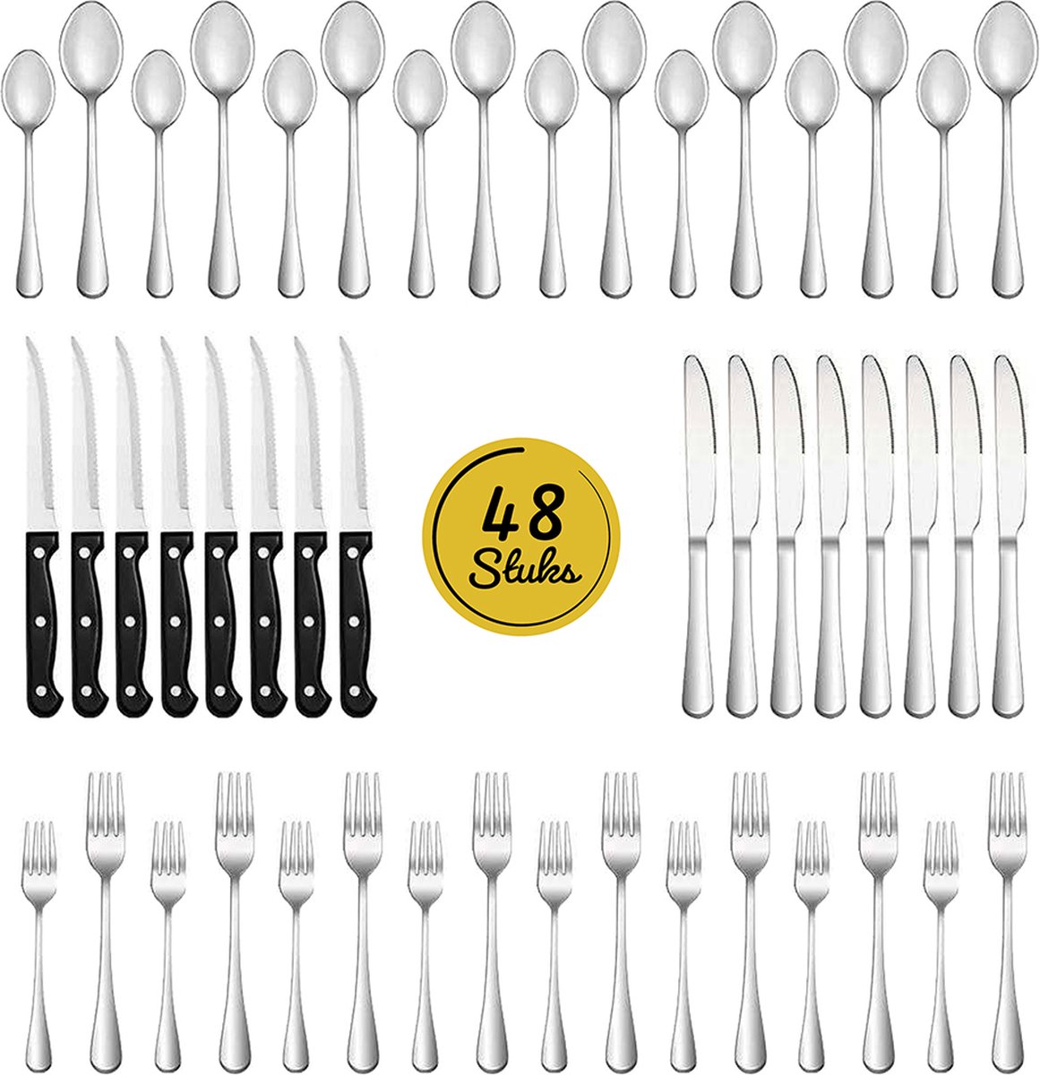 LW Collection bestekset 8 persoons 48 stuks zilverkleurig - bestek set zilver vaatwasserbestendig - Lepels Messen Vorken & Steakmessen