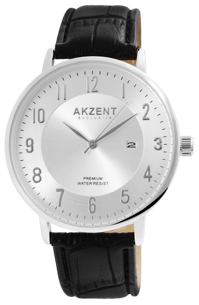 Akzent-Heren horloge-Datumaanduiding-Analoog-Rond-42MM-Zilverkleurig-Zwart lederen band.