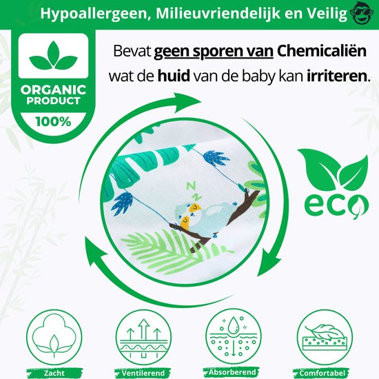 Triplepack 3x BoefieBoef Jungle Luiaard Grote XL Hydrofiele Doek Baby - Duurzaam Eco Bamboe - Swaddle, Inbakerdoek, Hydrofiele Luier & Babydeken - Bladeren Plant Groen Wit — afbeelding 3