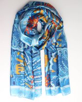 Onesto scarf- Accessories Junkie Amsterdam- Lange sjaal- Viscose zijde- Lente zomer- Cosy chic- Bladeren- Blauw
