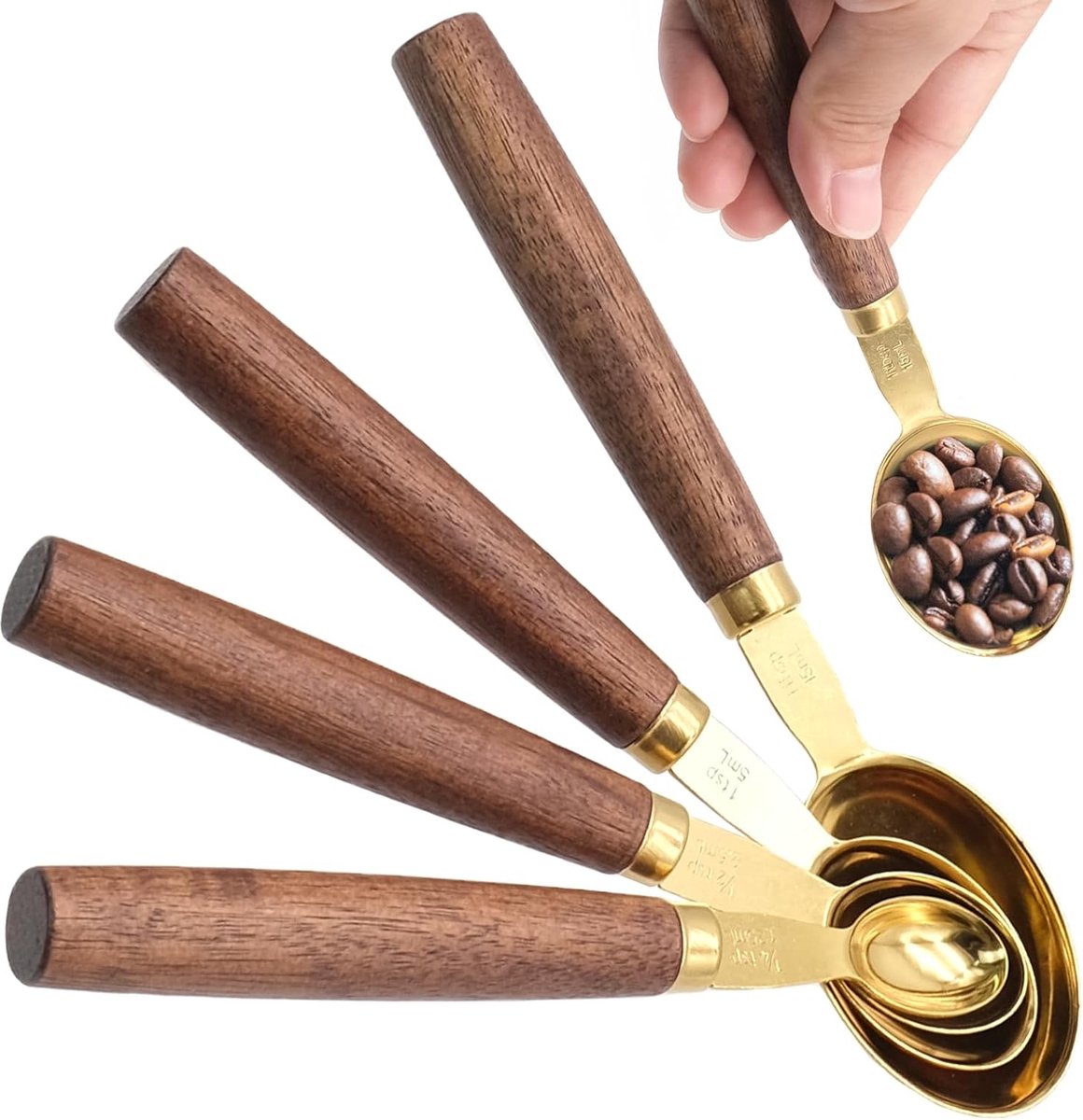 4 stuks houten handvat maatlepel, retro koffielepel, roestvrijstalen maatlepel met houten handvat voor droge en vloeibare ingrediënten bakken keuken