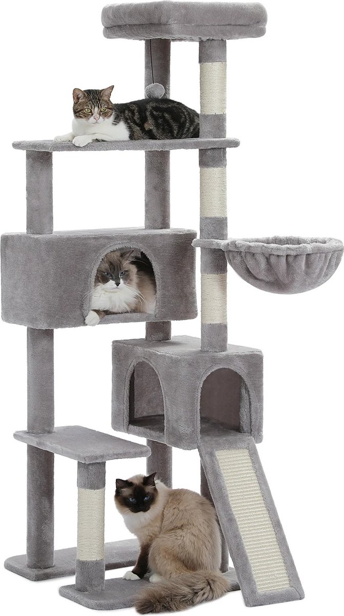 NewWave® - Katten Krabpaal - 154cm Lengte - Multi Level - Katten Hangmat - Kattenspeeltje - Grijs - Cat Tree