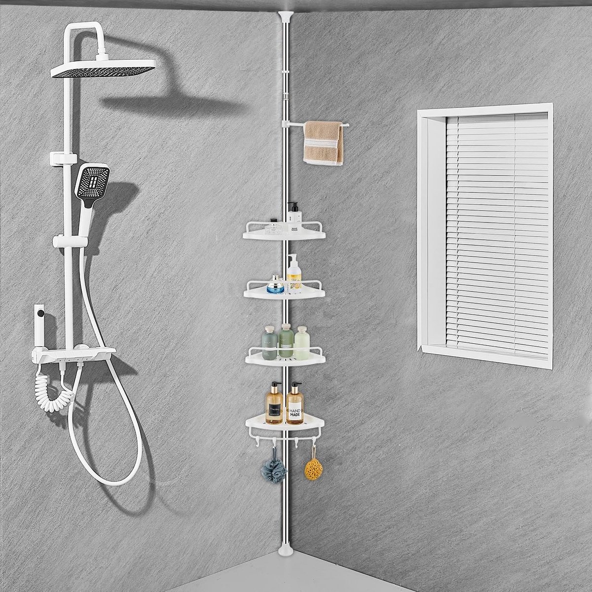 Telescopische doucheplank, verstelbare hoekdoucheplank met 4 planken, 4 haken, 1 handdoekenrek voor badkameropslag, roestvrij, 70-330 cm van vloer tot plafond, wit
