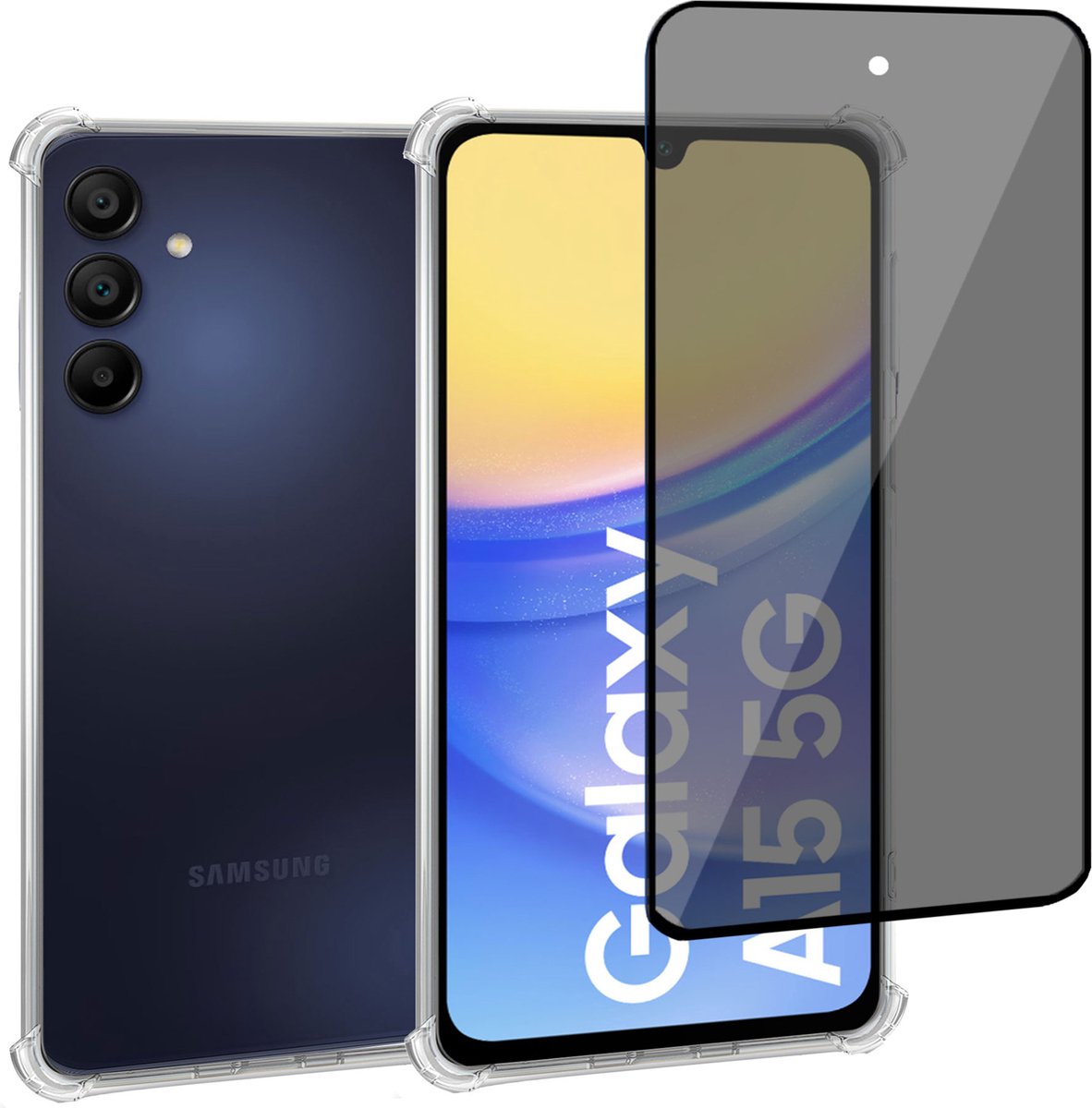 Geschikt voor Samsung Galaxy A15 - Hoesje + Privacy Screenprotector – Privé - Gehard Glas Cover