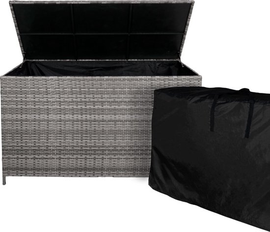 Grijze rotan opbergbox met open deksel en een zwarte hoes ernaast.
