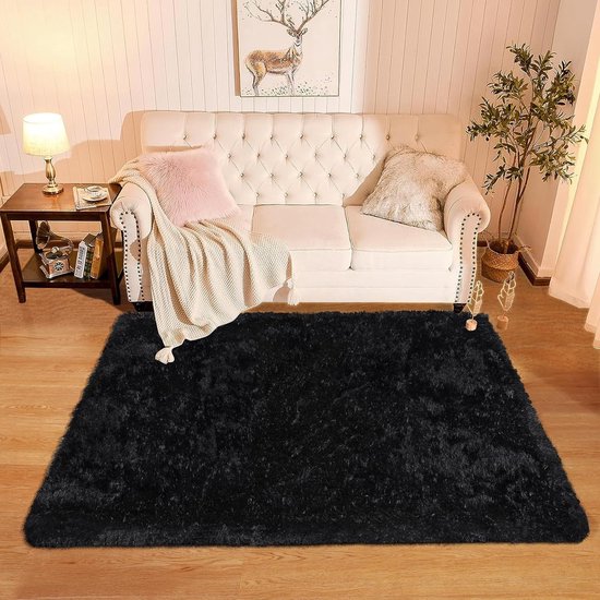 Groot pluizig shaggy tapijt 120 x 160 cm, superzacht slaapkamer, kunstbont, wasbaar, vloerkleed, moderne luxe dikke accent, vloermat, voor woonkamer, stoel, nachtkastje, conferentieruimte, zwart