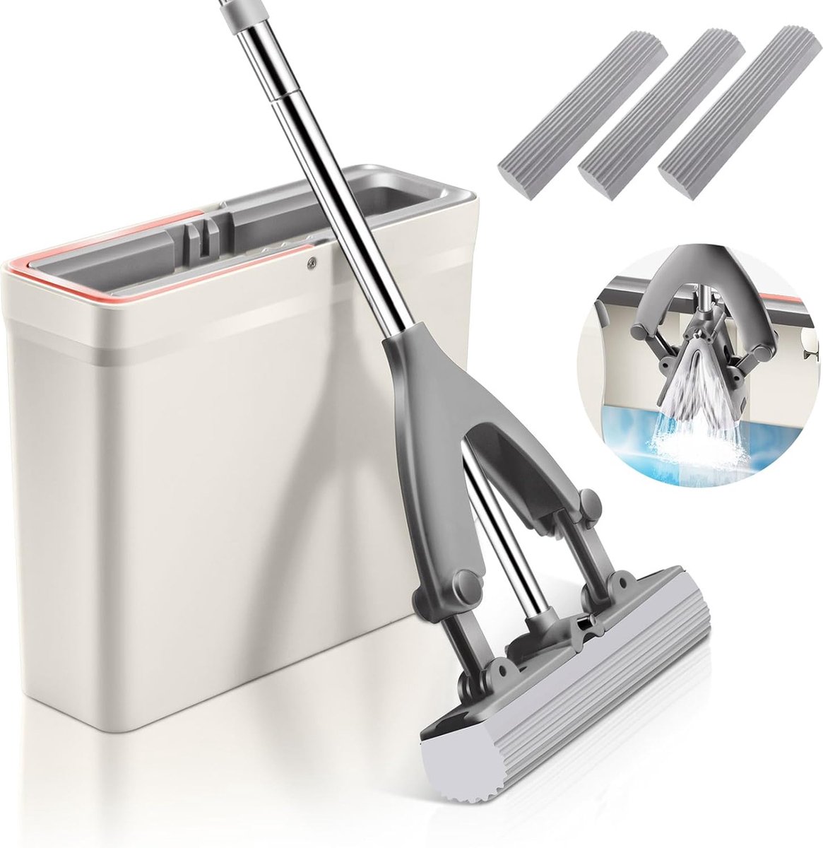 Goedkoopste Dweilmop met emmerset, spons vloerwisser met 3 PVA-dweilkoppen en roestvrijstalen handgreep, absorberende wisser met uitwringfunctie, spons mop voor tegels, laminaat en hardhouten vloeren