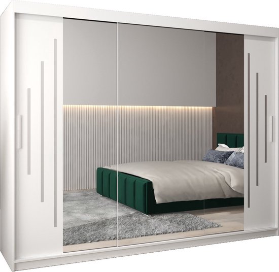 InspireMe - Kledingkast met 3 schuifdeuren, Modern-stijl, Een kledingkast met planken en een spiegel (BxHxD): 250x200x62 - MALTESE II 250 Wit Mat