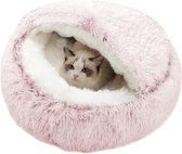 Kalmerend kattenbed, donutvormig knuffelnest, warm zacht pluche honden- / kattenkussen met gezellige spons, antislip bodem voor kleine, middelgrote huisdieren om te dutten of binnen te slapen (plush plafond-roze)