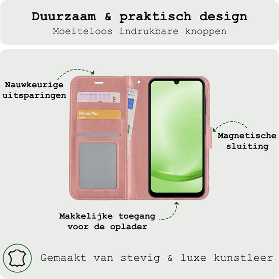 Roze telefoonhoesje met kaartvakken, briefgeldvak, magnetische sluiting en polsbandje.
