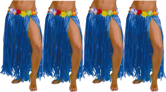 Fiestas Guirca Hawaii verkleed rokje - 4x - voor volwassenen - blauw - 75 cm - hoela rok - tropisch