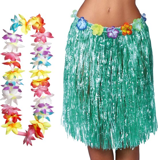 Hawaii verkleed hoela rokje en bloemenkrans met led - volwassenen - groen - tropisch themafeest