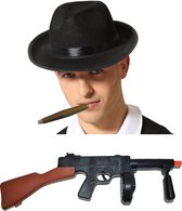 Gangster/maffia/roaring Twenties verkleed set - gleufhoed zwart - met dikke sigaar en machinegeweer