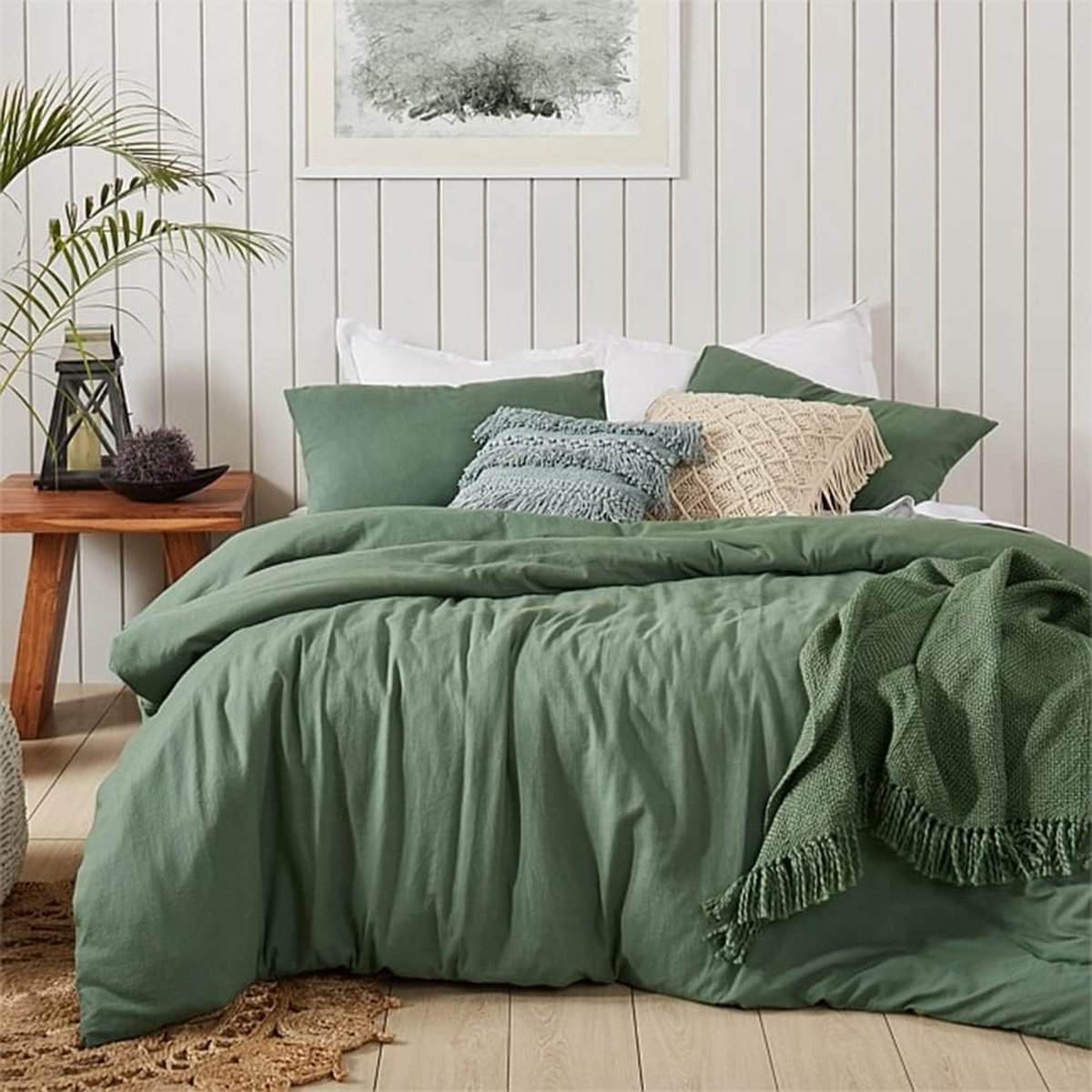 Beddengoedset 135 x 200 cm katoengroen donkergroen effen Premium Renforce effen eenpersoonsdekbedovertrek en 1 kussensloop 80 x 80 cm met ritssluiting