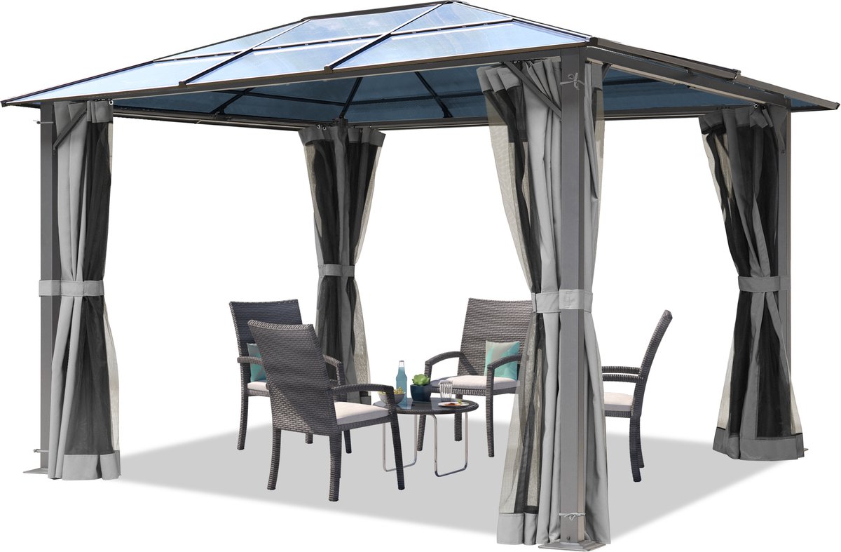 Tuinpaviljoen 3x3,65 m ca. 6 mm polycarbonaat dak 4 muggennetten en zijwanden grijs