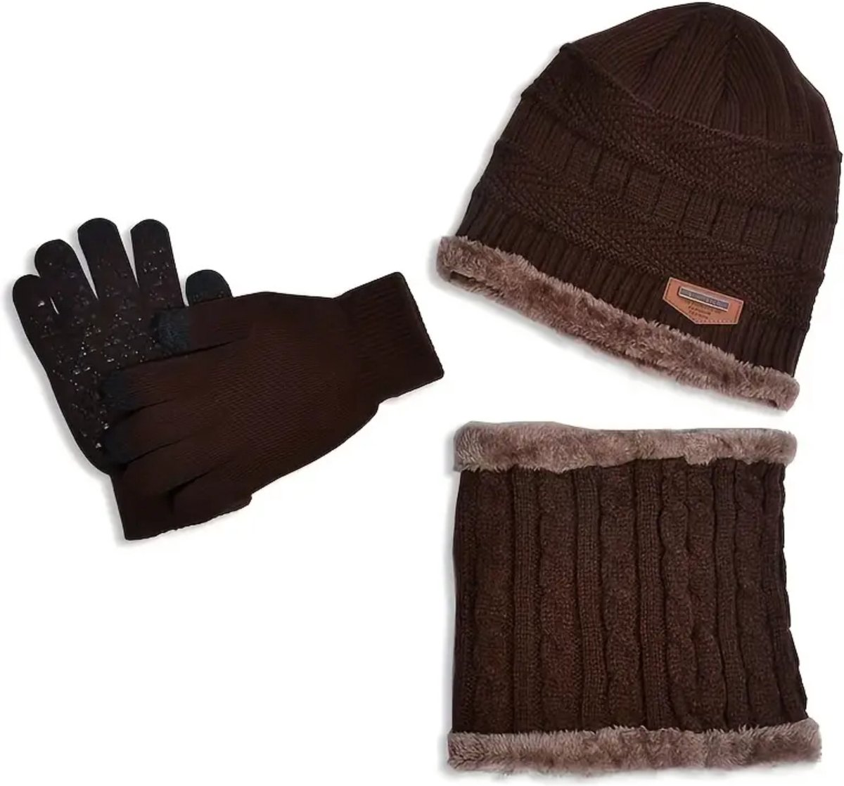 KB-ETHOS Unisex 3-Delige Winter Set Muts Sjaal Handschoenen Acryl Teddy Gevoerd Donkerbruin Beige