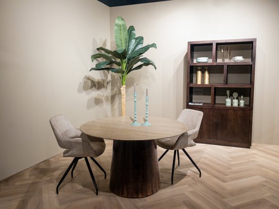 Livingfurn - Table de salle à manger Valentino Ronde 130cm - Bois de manguier / Travertin