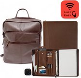 Safekeepers Bagage set - Laptop tas leer 15,6 Inch met Documentenmap a4 en Tracker - 3 stuks - Schrijfmap A4 - Rugzak - Bruin