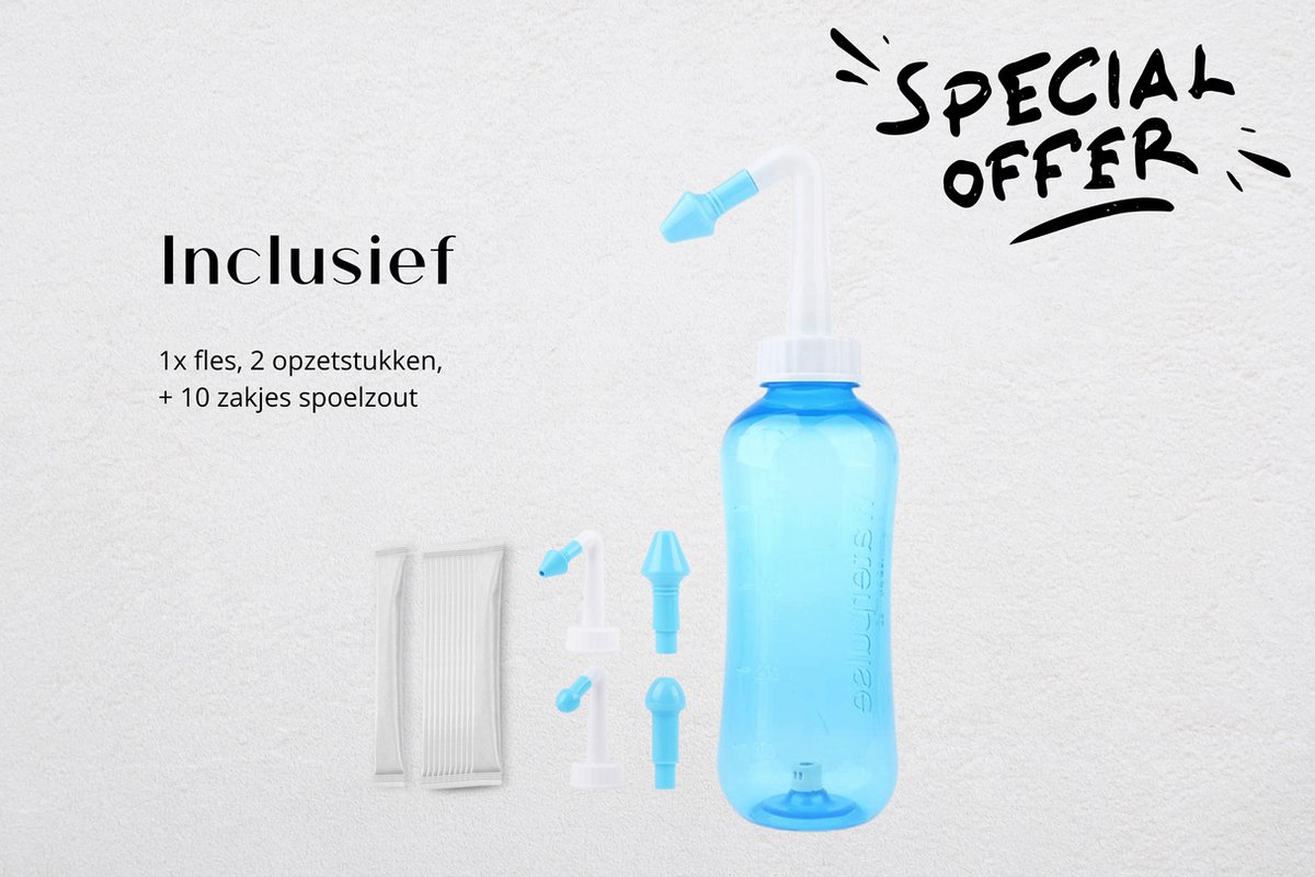 Goedkoopste Neusdouche met 10 Extra Zoutzakjes - Neusspoeler voor Hooikoorts en Verstopte Neus – Neusreiniger - voor Volwassenen en Kinderen – Neuspomp – Blauw - 300 ml
