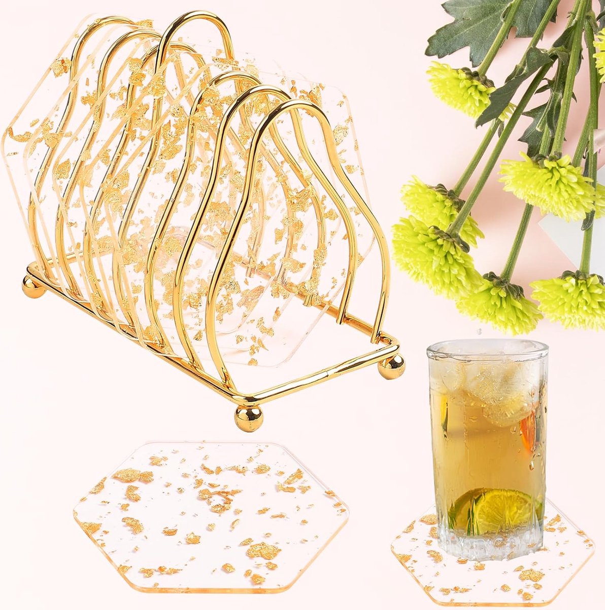 Set van 6 onderzetters, glazen, goud, drankonderzetters van acryl met goudfoliepapier, glazen onderzetters, rustieke decoratie voor kopjes, tafel, bar, glas (zeshoekig)