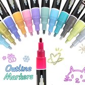 Marqueurs de contour de stylos à paillettes - 12 pièces de couleurs - Marqueurs - Stylos à paillettes magiques - Stylos magiques métalliques - Pointe de 2 mm - Argent