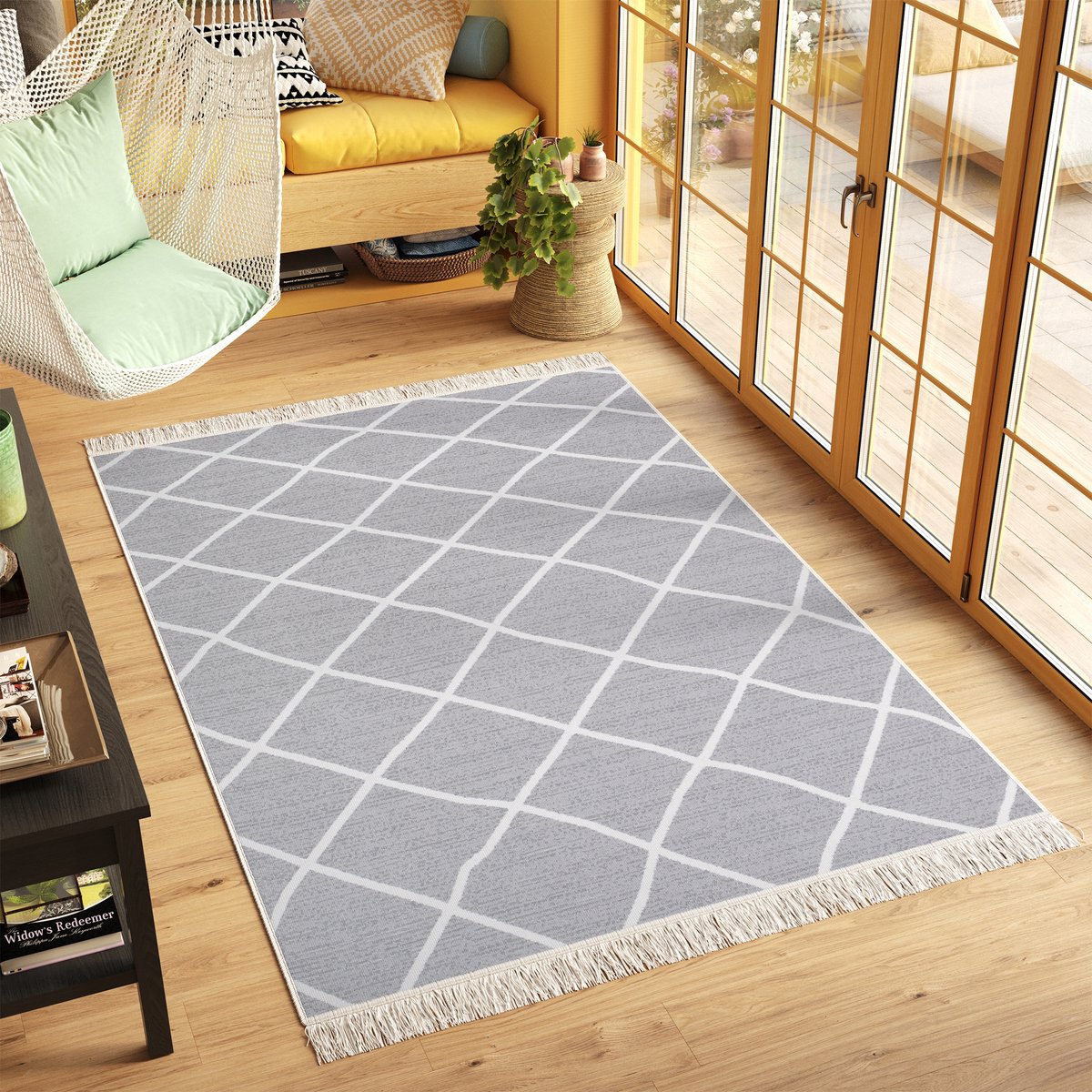 Tapiso Azteca Vloerkleed Franjes Katoenen Dubbelzijdig Tapijt Maat- 80x300 Grijs Lijnen