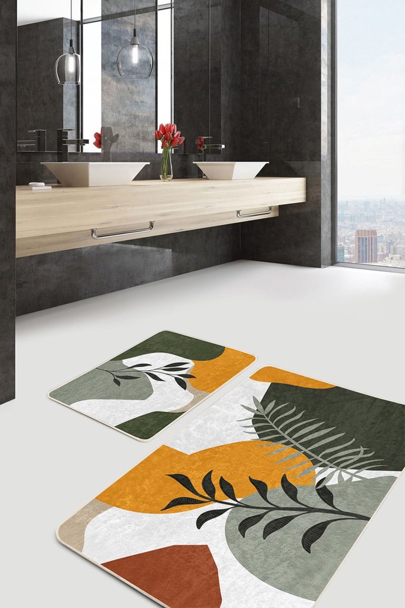 Badmat antislip 2 stuk set - 60x100 & 50x60 - Wc mat - Toiletmat - Antislip - Bladeren - De Groen Home