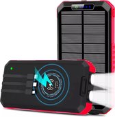 Solar World - Solar Powerbank Charger - USB A, USB C & Micro USB - Snel & Draadloos Opladen﻿ - 30.000 mAh - Ingebouwde kabels - Op Zonne-energie - Led zaklamp - 6 apparaten tegelijk - Outdoor - Geschikt voor Iphone, Samsung, Apple