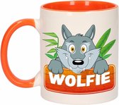1x Wolfie beker / mok - oranje met wit - 300 ml keramiek - wolven bekers