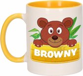 1x Browny beker / mok - geel met wit - 300 ml keramiek - beren bekers