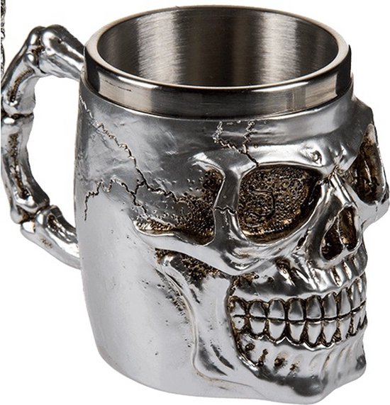 Koffiemok beker met doodskop - zilver - rvs - 16 x 11 cm - Bikers - 400 ml