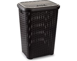 Plasticforte Wasmand met deksel - 60 liter - donkerbruin - rotan - kunststof - L35 x B43 x H62 cm