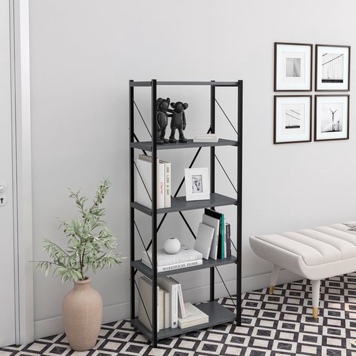 Soof&Tess Boekenkast - Antrasiet - Opbergrek Met 4 Planken - Woonkamer - Slaapkamer 24 x 39 x 150 cm - ANTRACIET / Zwart - Open Planken - Voor Kantoor