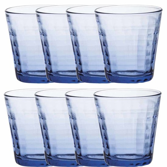 Set van 8 blauwe Duralex Prisme waterglazen van 220 ml met facet-achtig patroon.