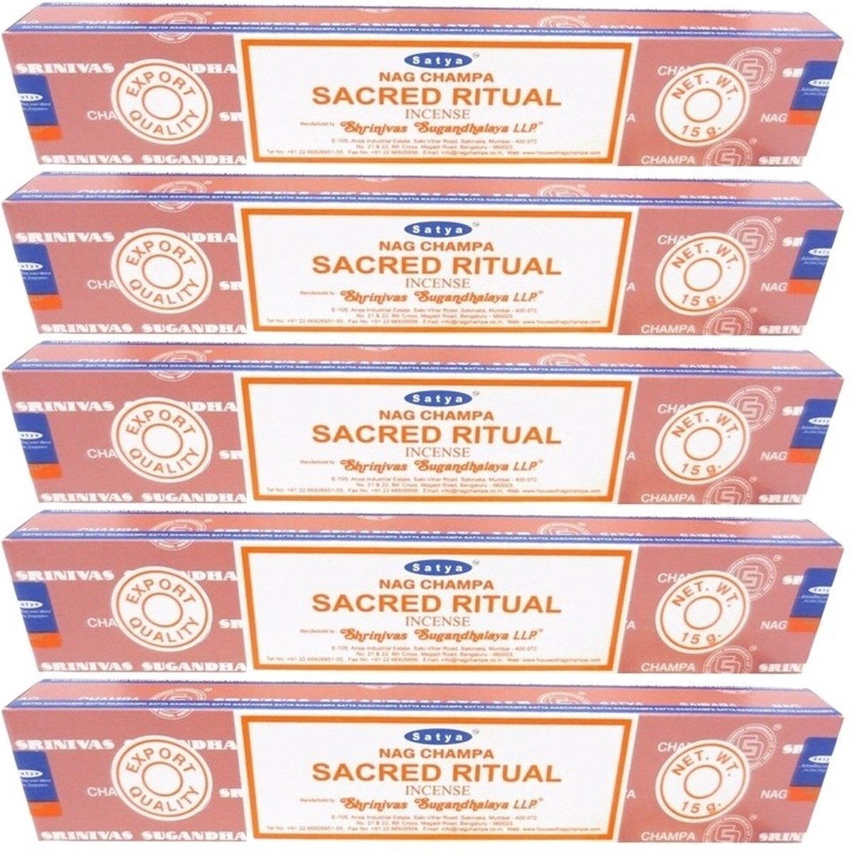 HEM Satya Nag Champa wierook stokjes - Sacred Ritual - 5x pakje van 12 stuks - 15 gram Multi