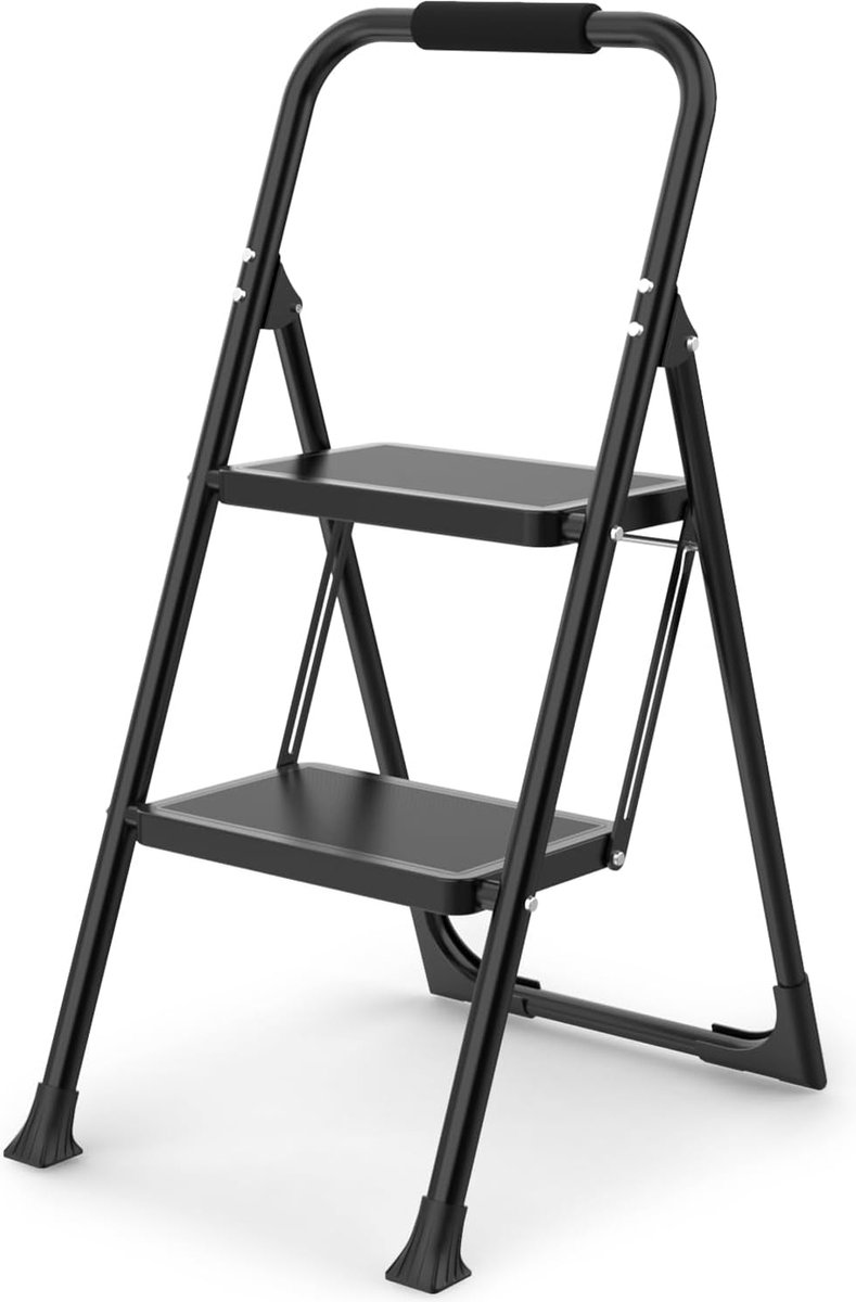 Ladder 2 treden, opklapbare opstapkruk met gevoerde handgreep, opstapladder met een capaciteit van 150 kg, 2 tredenladder met breed antislippedaal