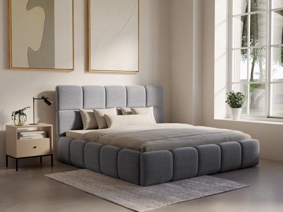 PASCAL MORABITO Bed met opbergruimte 140 x 190 cm - Stof met textuur - Grijs + matras - DAMADO van Pascal Morabito L 170 cm x H 95 cm x D 221 cm