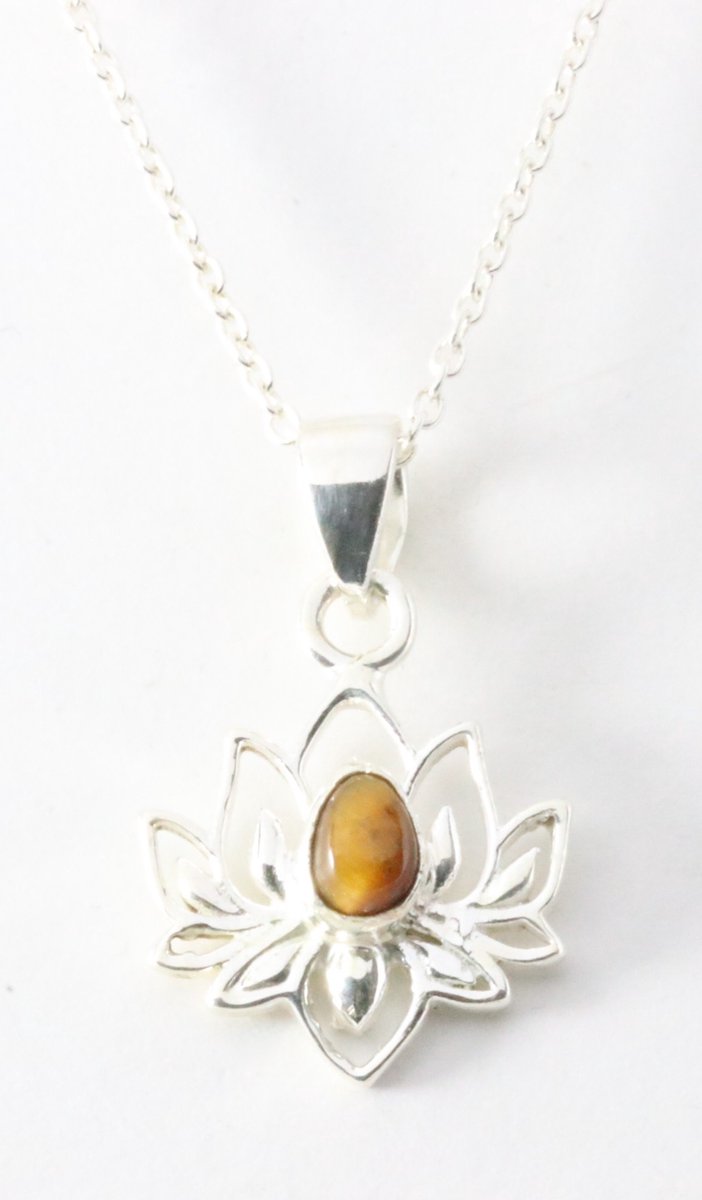 Fijne zilveren lotus hanger met tijgeroog aan ketting