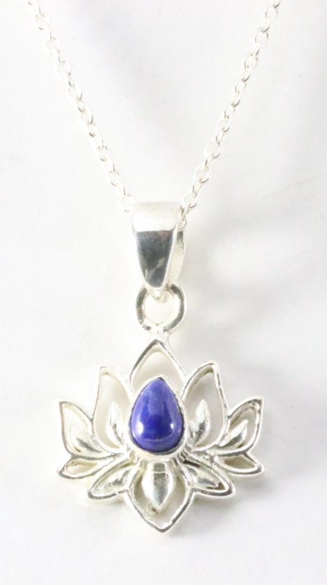 Fijne zilveren lotus hanger met lapis lazuli aan ketting
