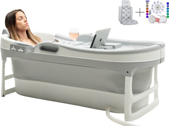 HelloBath® Opvouwbaar bad - Grijs - XL James - 148cm lang - Inklapbaar Zitbad - Bath Bucket - Incl. Badkussen, Badlamp & Opberghoes