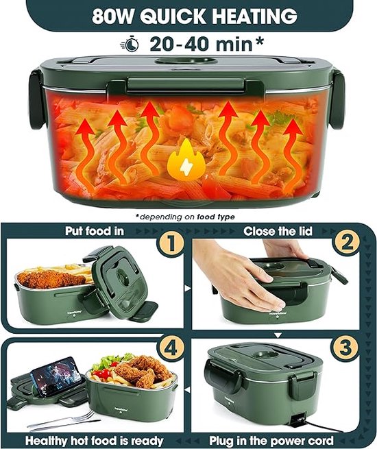 Schiscetta Elettrica Portatile 1,5L - Riscaldatore PTC 40W 12V/24V/220V, Contenitore Termico Inox Per Auto E Casa, Verde - 3