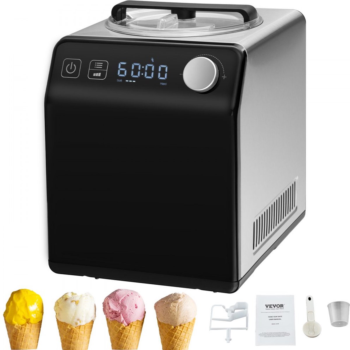 Compressor-ijsmachine 2 l 180 W Frozen Yoghurt Maker IJsmachine 3 standen Yoghurtmachine Huishoudelijke draagbare ijsmachine Sorbet Gelato Geluidsarm Zwart Elektrisch