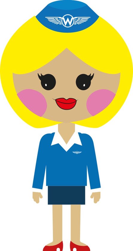 Karakter van een stewardess met geel haar, blauw uniform en rode schoenen.